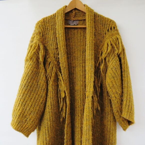 Anthropologie OS Stevie Boho Fringe Marled Knit Mustard Yellow Cardigan Sweater - Picture 5 of 15